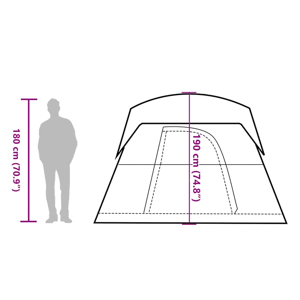 Zijaanzicht van de vidaXL tent met afmetingen en hoogte-informatie.