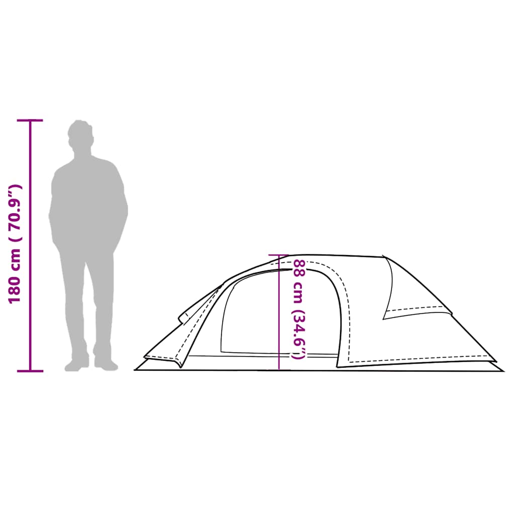Zijaanzicht van de vidaXL 1-persoons koepeltent met afmetingen en silhouet van een persoon.