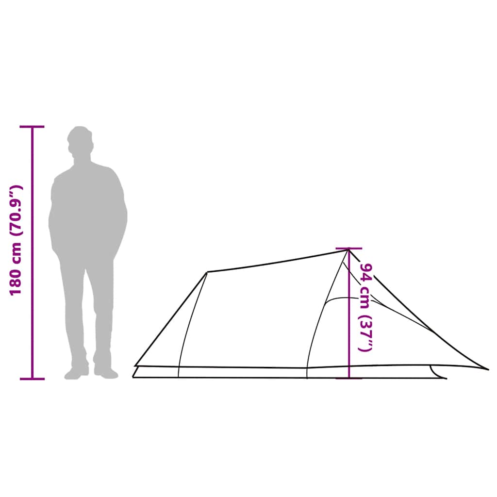 Zijaanzicht van de vidaXL tunneltent met afmetingen en een silhouet van een persoon.
