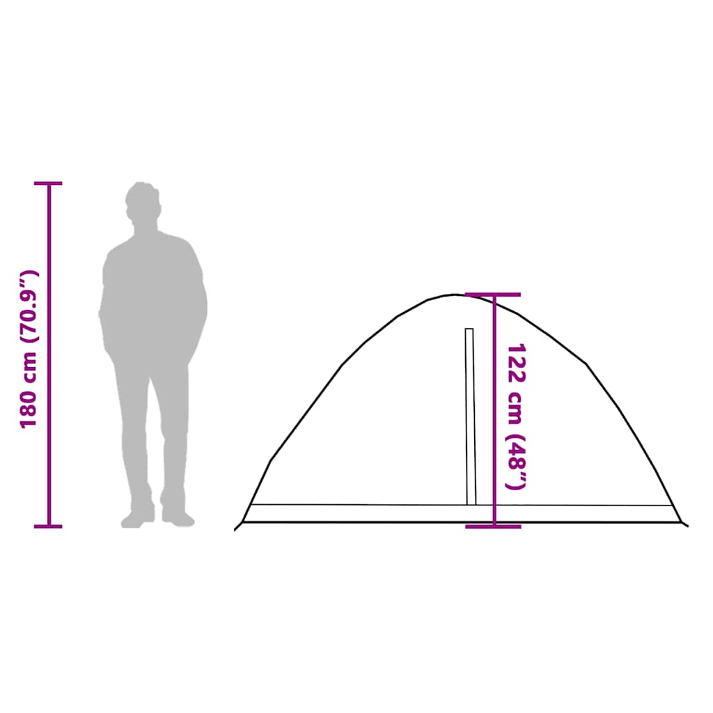 Zijaanzicht van de vidaXL koepeltent met hoogte- en breedtematen aangegeven.