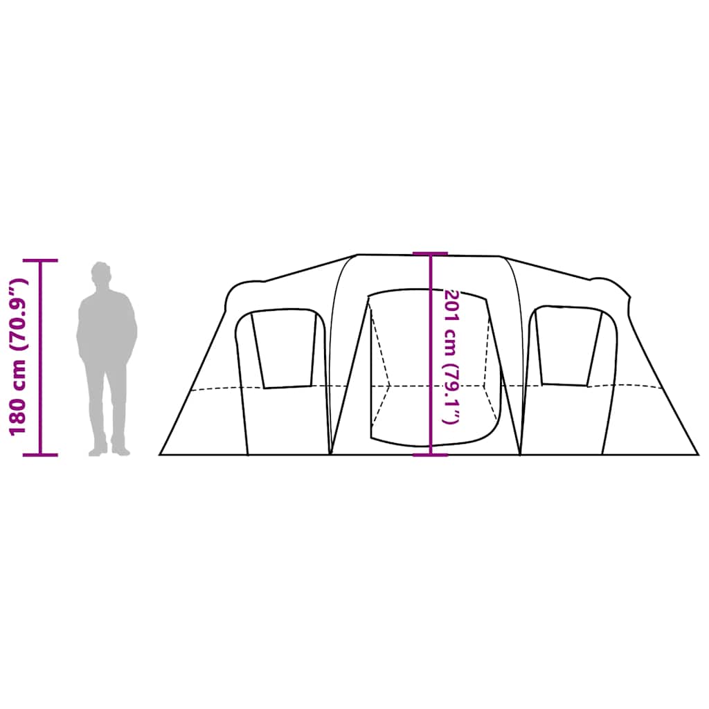 Zijaanzicht van de vidaXL tunneltent met afmetingen en ingangdetails.