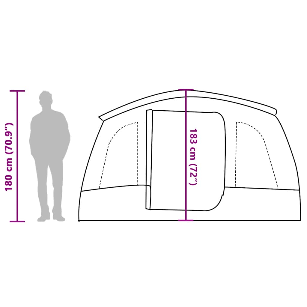 Zijaanzicht van de vidaXL tunneltent met afmetingen en ingangen weergegeven.