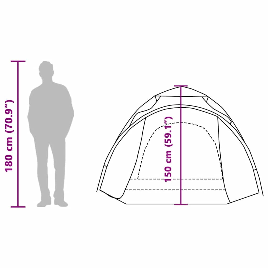 Zijaanzicht van de vidaXL koepeltent met afmetingen voor 3 personen.