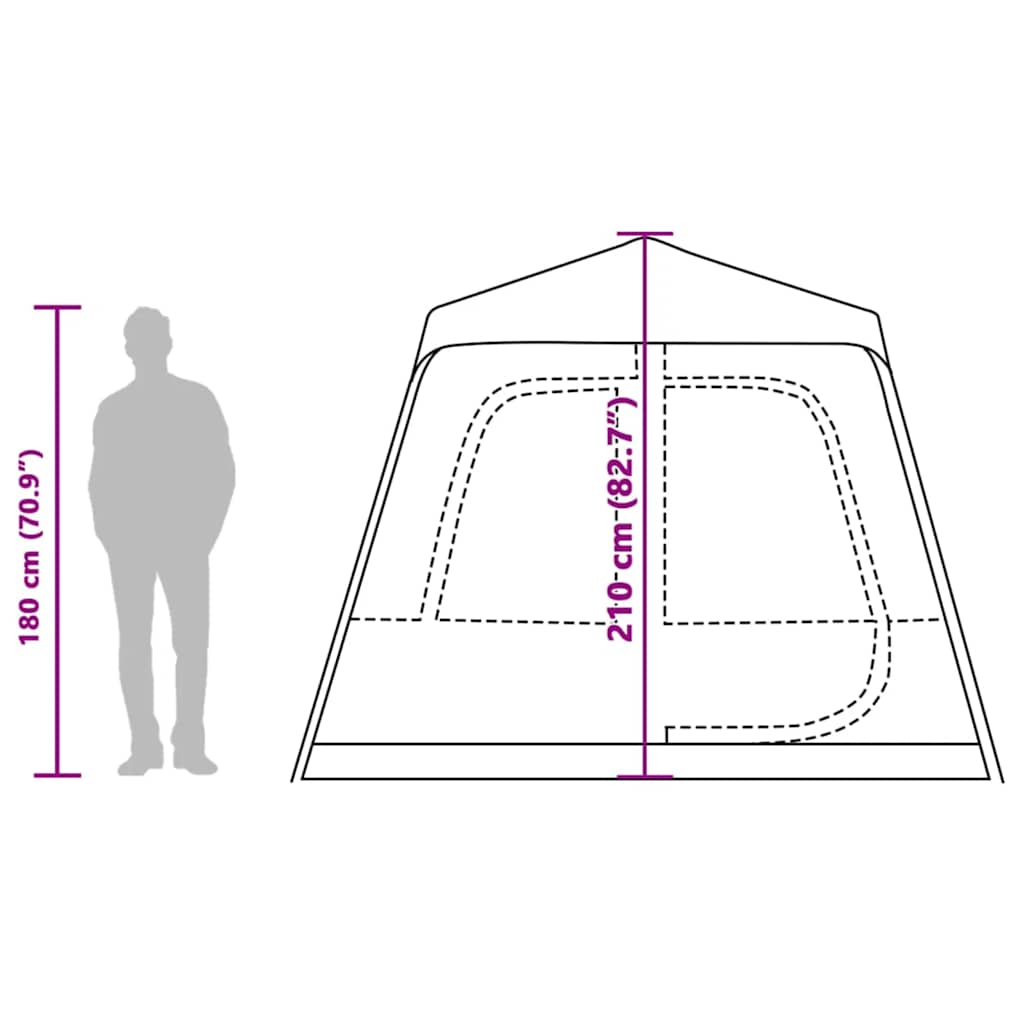 Zijaanzicht van de vidaXL koepeltent met afmetingen en snelontgrendeling.