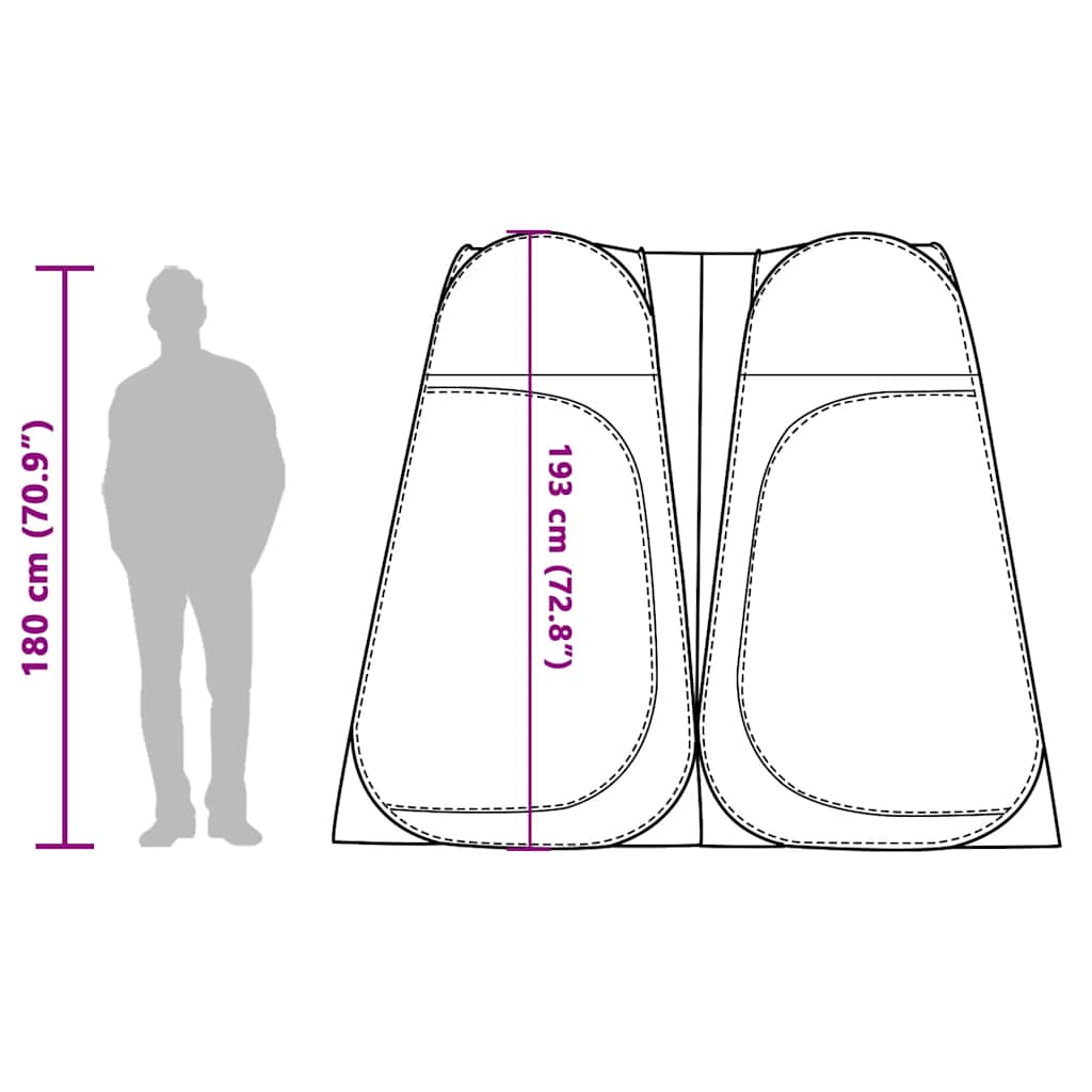Zijaanzicht van de vidaXL pop-up privacytent met afmetingen en persoon voor schaal.