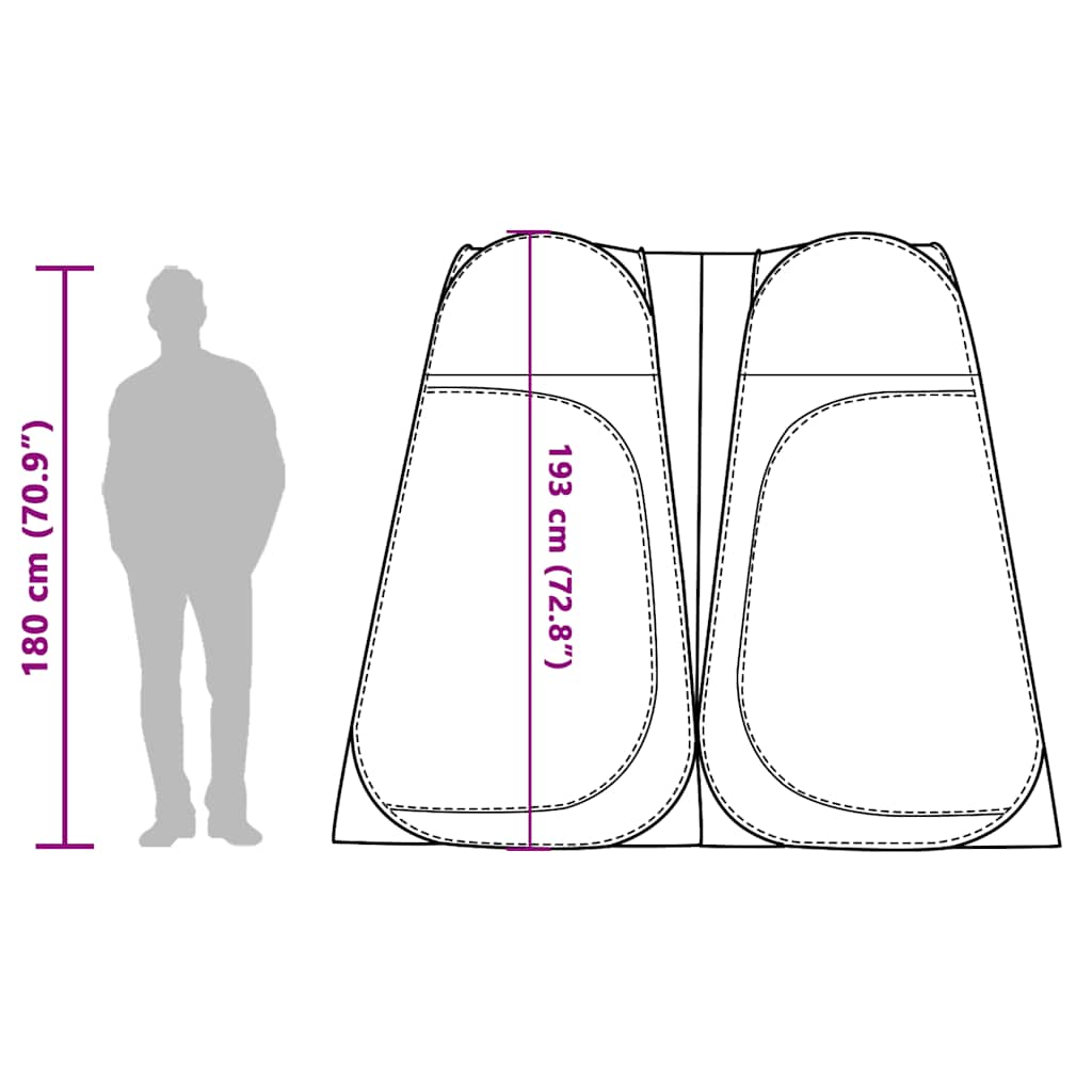 Zijaanzicht van de vidaXL privacytent met afmetingen en silhouet van een persoon.