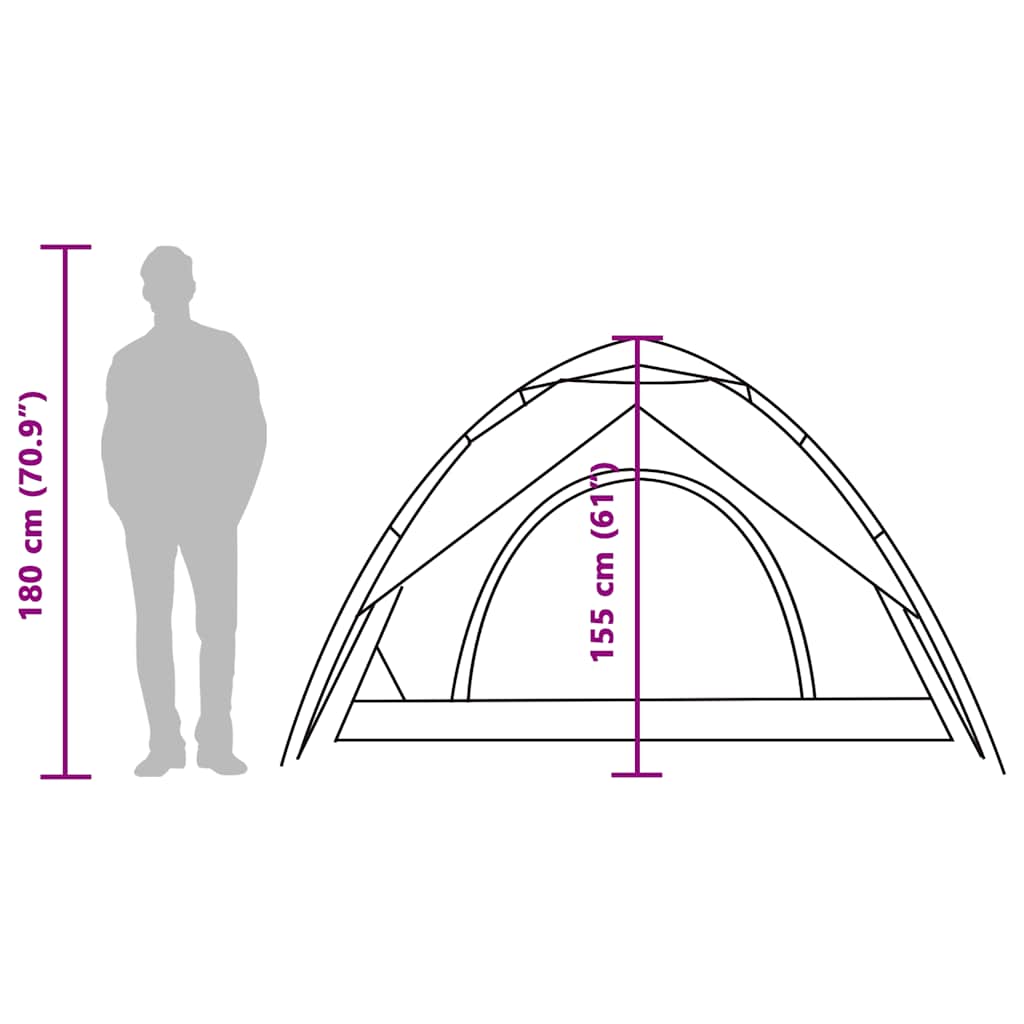 Detailweergave van de vidaXL koepeltent met afmetingen en silhouet van een persoon.