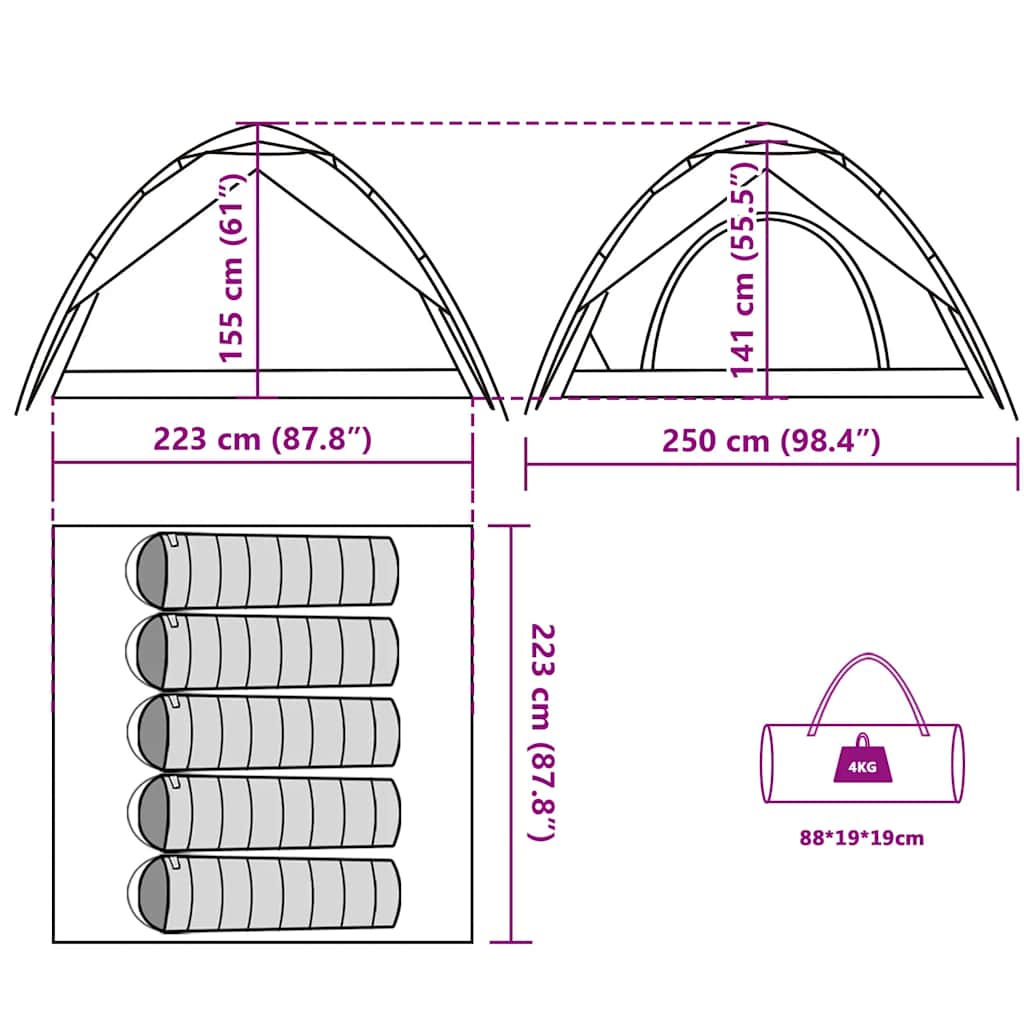 Detail van de afmetingen en specificaties van de vidaXL 5-persoons koepeltent.