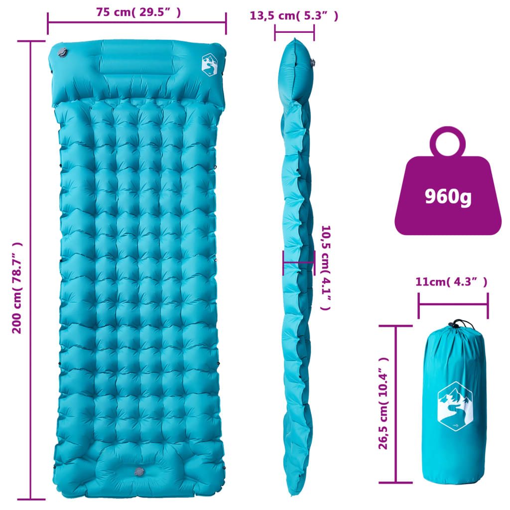 Detail van het zelfopblazende vidaXL kampeermatras in blauw met afmetingen en gewicht.