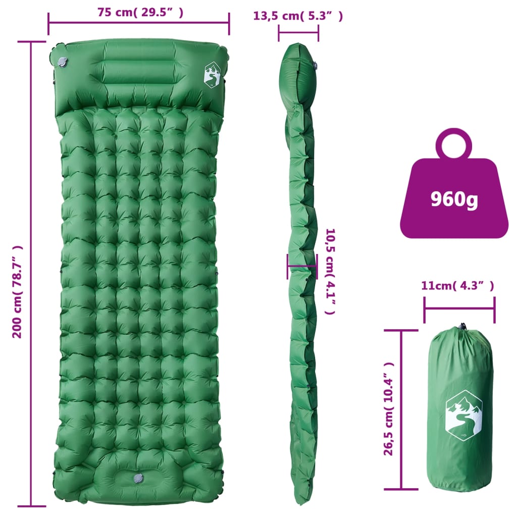 Detail van het vidaXL zelfopblazende kampeermatras in groen, met afmetingen en gewicht.