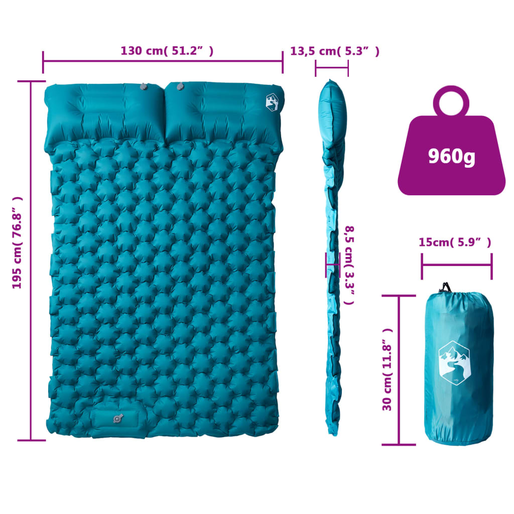 Detail van het vidaXL zelfopblazende kampeermatras in blauw met kussens en opbergzak.