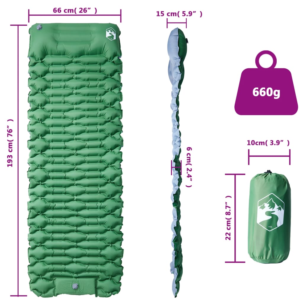 Detail van het vidaXL zelfopblazende kampeermatras in groen, met afmetingen en gewicht.