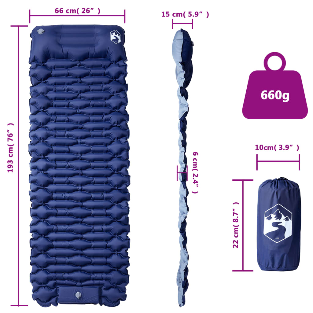 Detail van het vidaXL zelfopblazend kampeermatras in marineblauw met kussen en afmetingen.