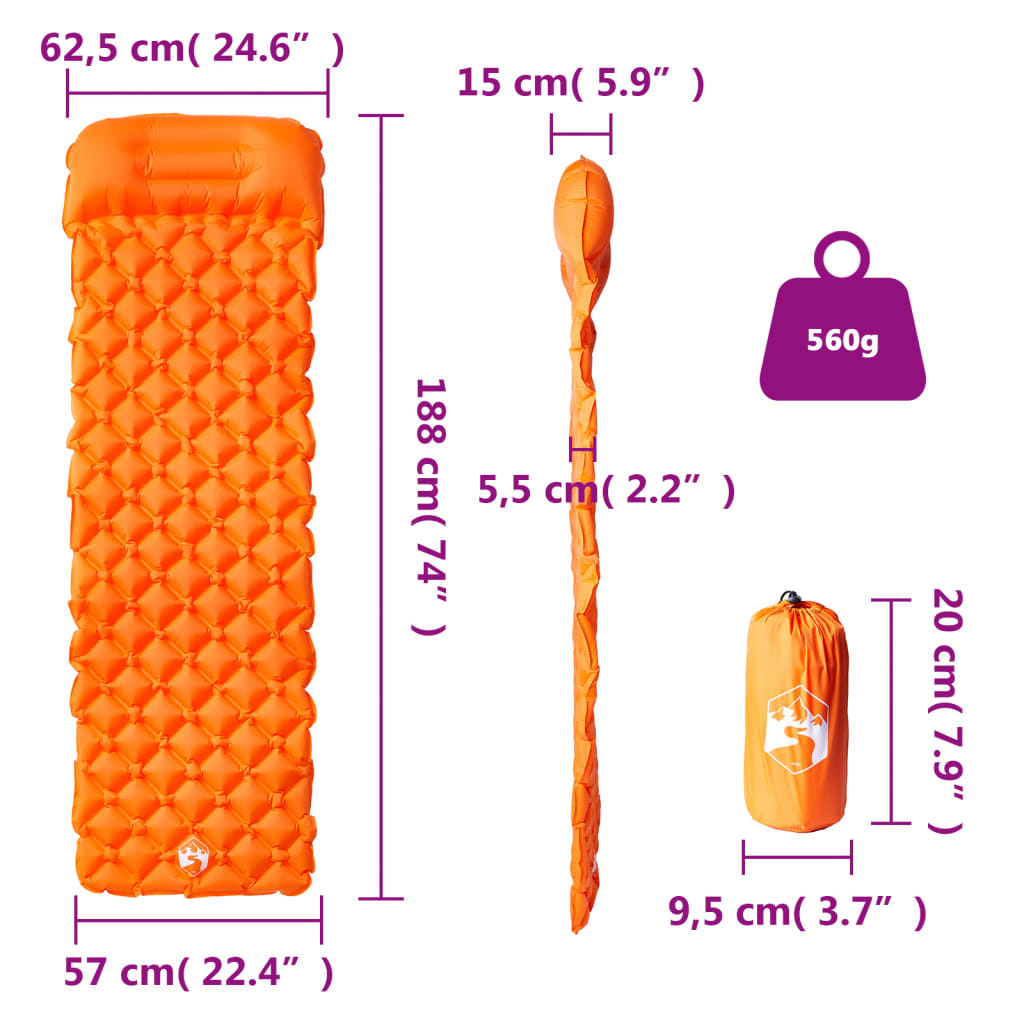 Zijaanzicht van het vidaXL opblaasbare kampeermatras in levendig oranje met kussen en afmetingen.