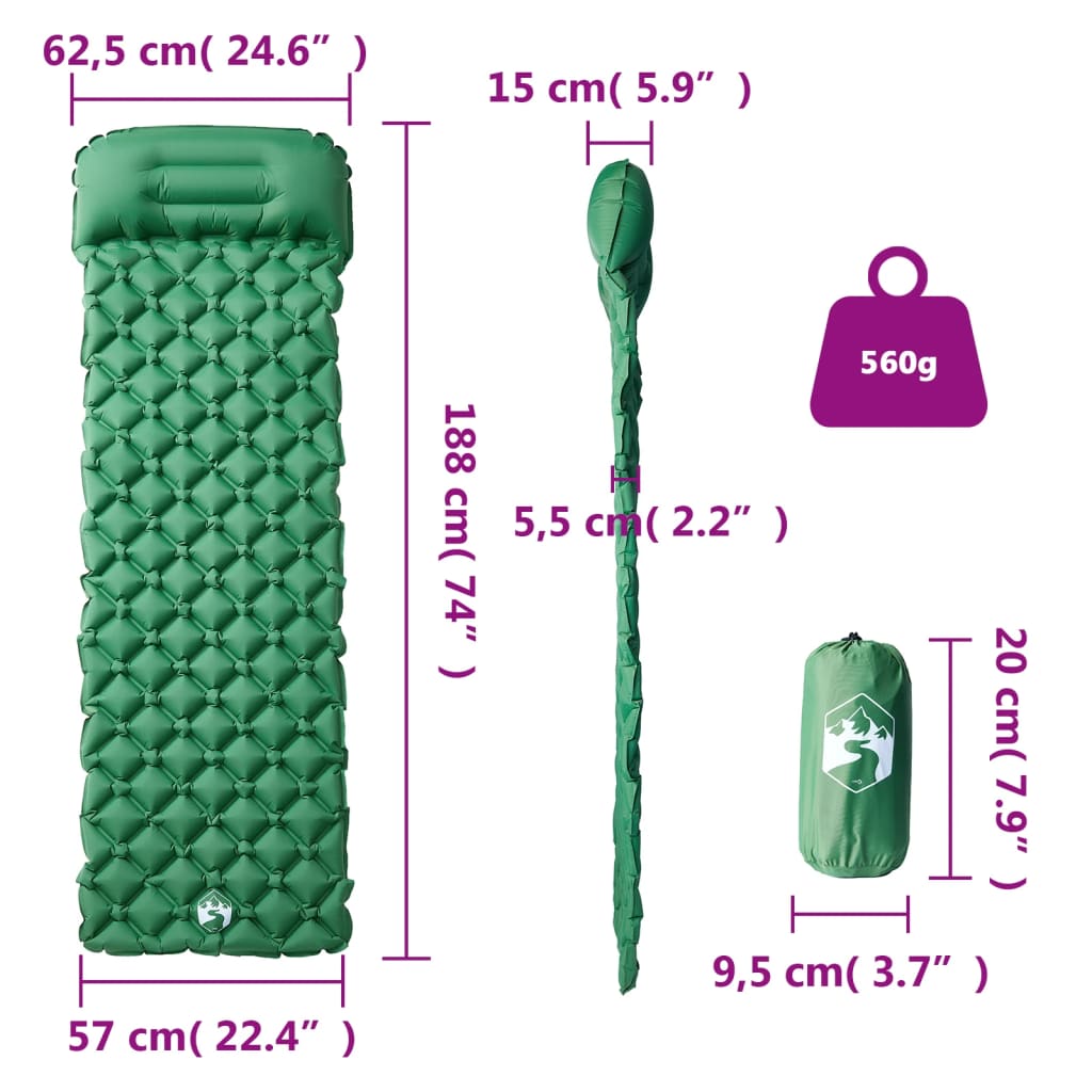 Detail van het vidaXL opblaasbare kampeermatras met geïntegreerd kussen en afmetingen.