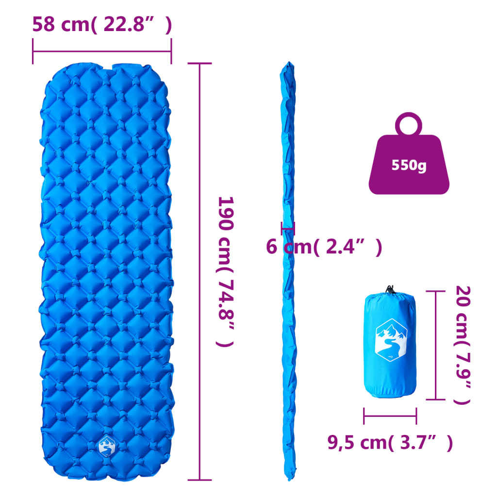 Zijaanzicht van het vidaXL opblaasbare kampeermatras in blauw, met afmetingen en gewicht.