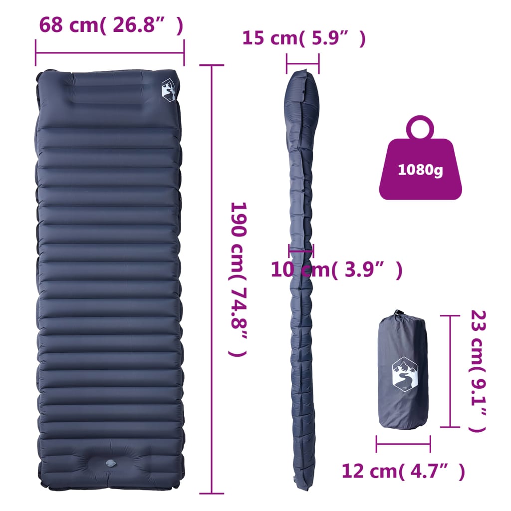 Detail van het vidaXL zelfopblazend kampeermatras met afmetingen en gewicht.