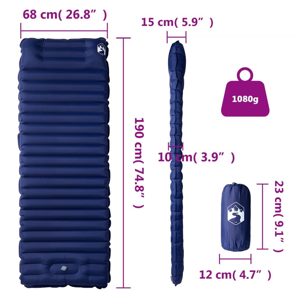 Detail van het vidaXL zelfopblazende kampeermatras in marineblauw met afmetingen en gewicht.