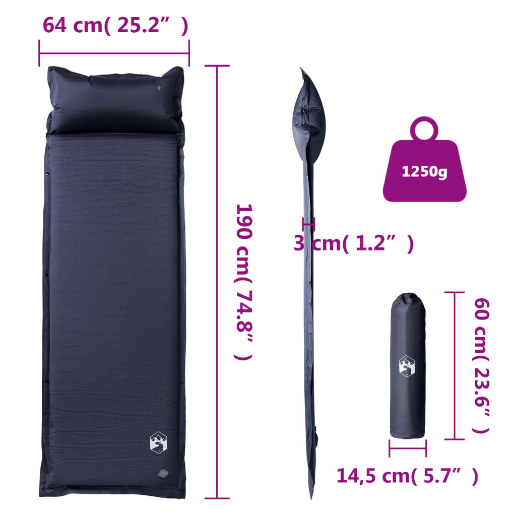 Detail van het vidaXL zelfopblazende kampeermatras met kussen, afmetingen en gewicht weergegeven.