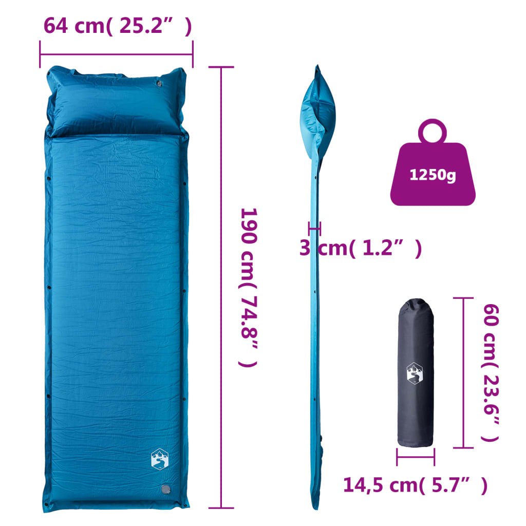 Detail van het vidaXL zelfopblazende kampeermatras in turquoise met afmetingen en gewicht.