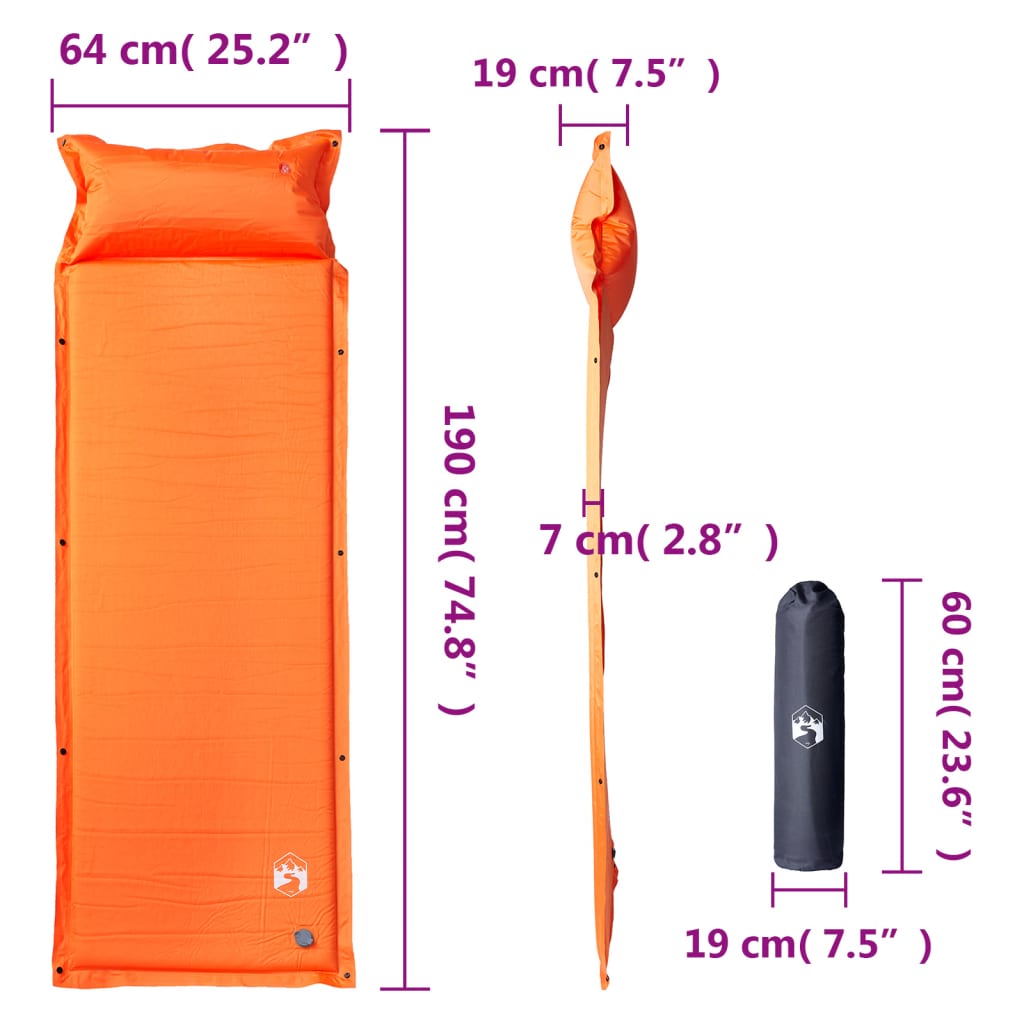 Detailweergave van het vidaXL zelfopblazende kampeermatras in oranje met afmetingen.