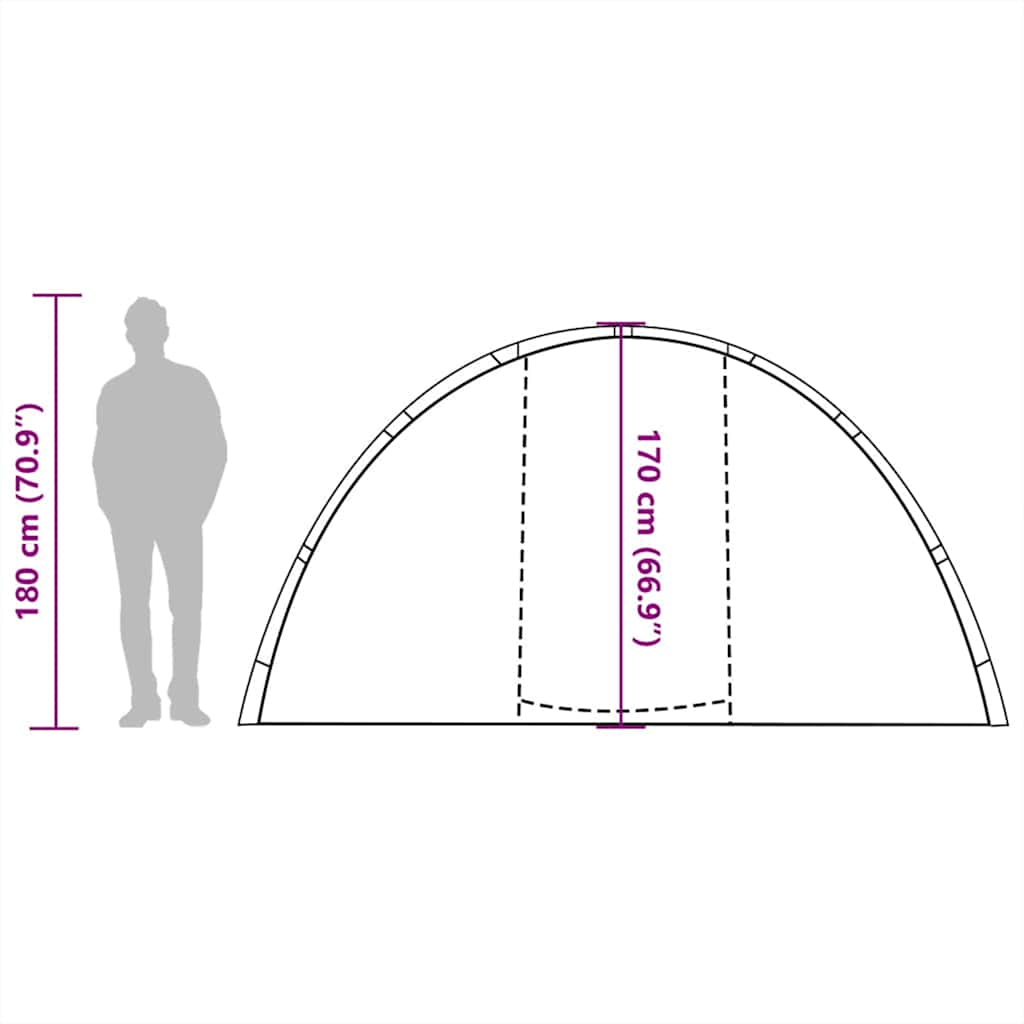 Zijaanzicht van de vidaXL Vistent tent met afmetingen en silhouet van een persoon.