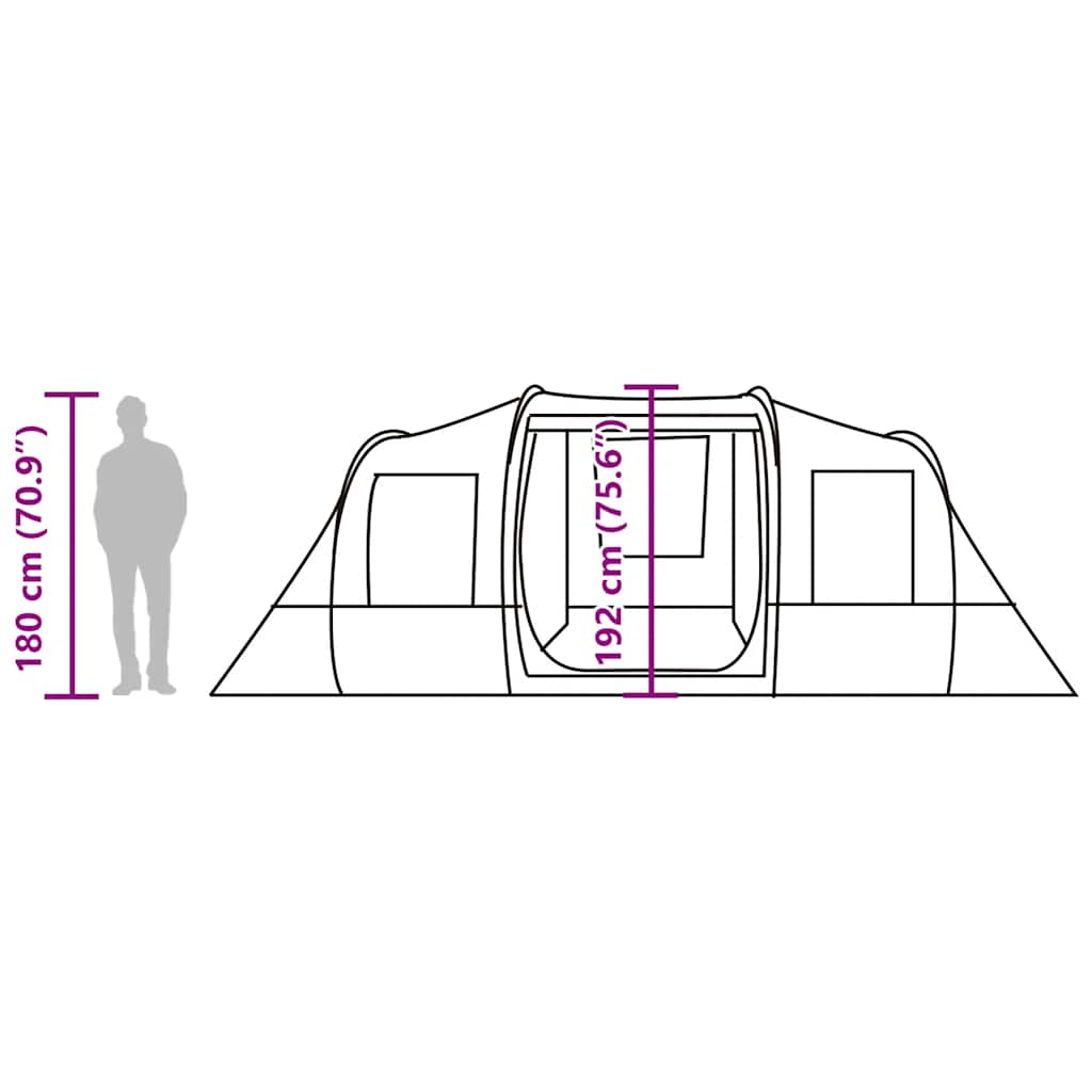 Zijaanzicht van de vidaXL tunneltent met afmetingen en deuropening.