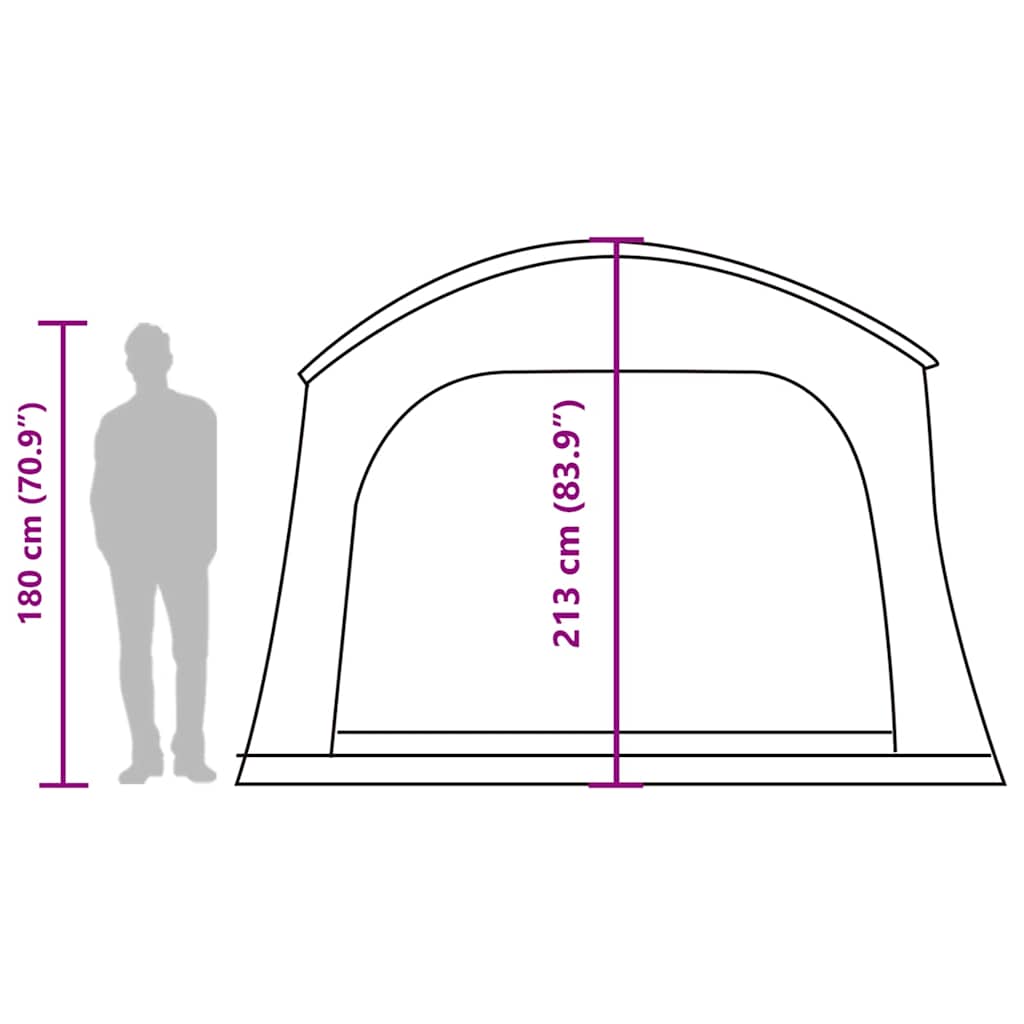 Detail van de vidaXL autotent met afmetingen en hoogteindicatie van een persoon.