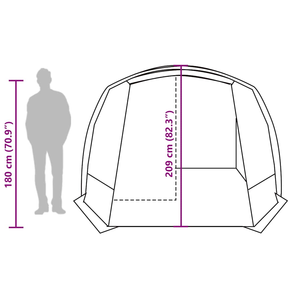 Detail van de vidaXL autotent met afmetingen en zijaanzicht, waterdicht en grijs-oranje.