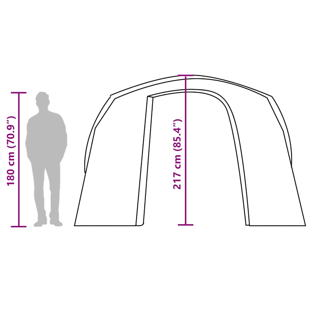 Detailweergave van de vidaXL autotent met afmetingen en silhouet van een persoon.