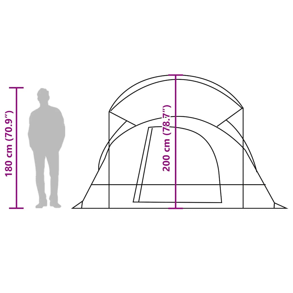 Zijaanzicht van de vidaXL tunneltent met afmetingen en hoogte-informatie.