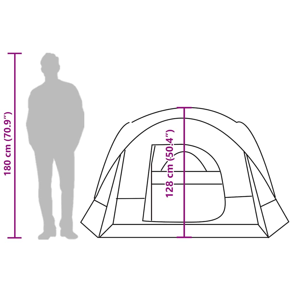 Zijaanzicht van de vidaXL 4-persoons tent met afmetingen en indeling.