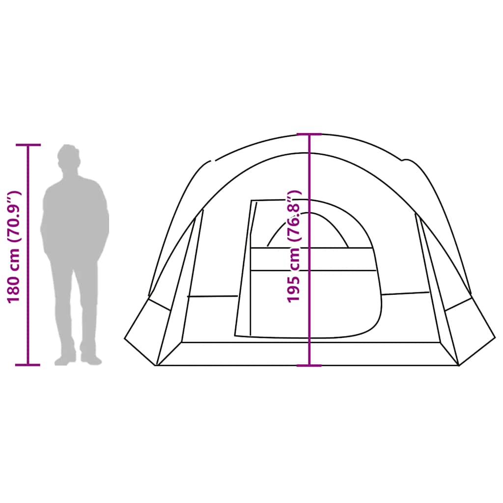 Zijaanzicht van de vidaXL 6-persoons tent met afmetingen en ingang.