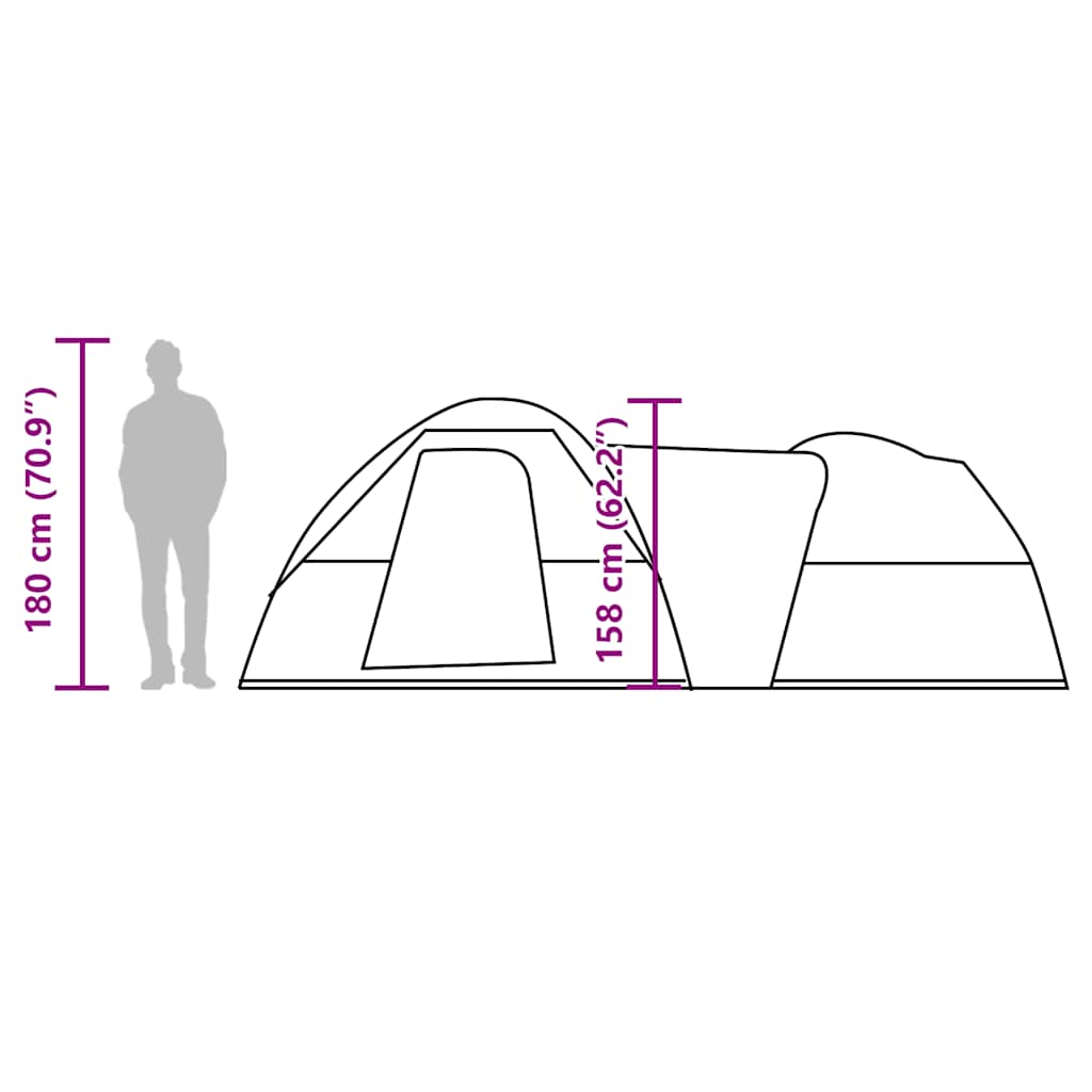 Zijaanzicht van de vidaXL 5-persoons tent met afmetingen en in een schematische weergave.
