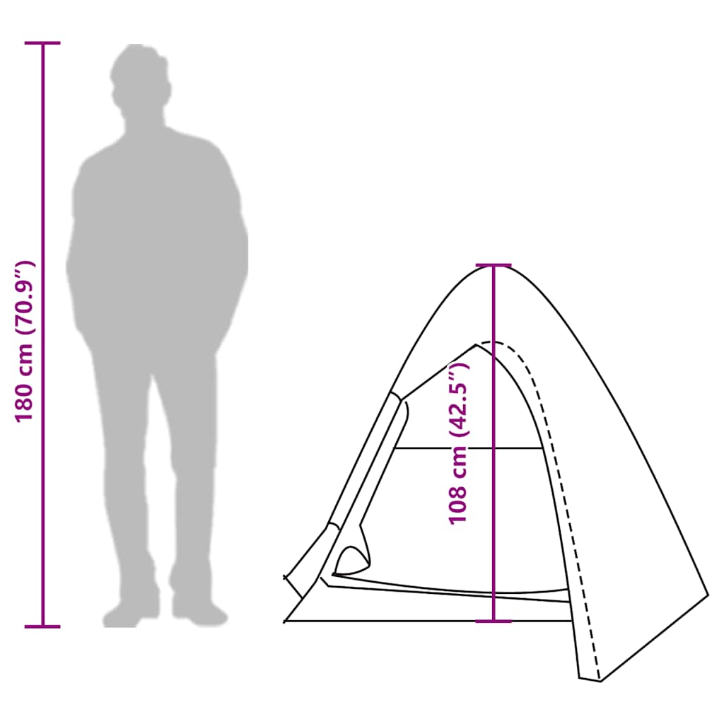 Zijaanzicht van de vidaXL koepeltent met afmetingen en silhouet van een persoon.