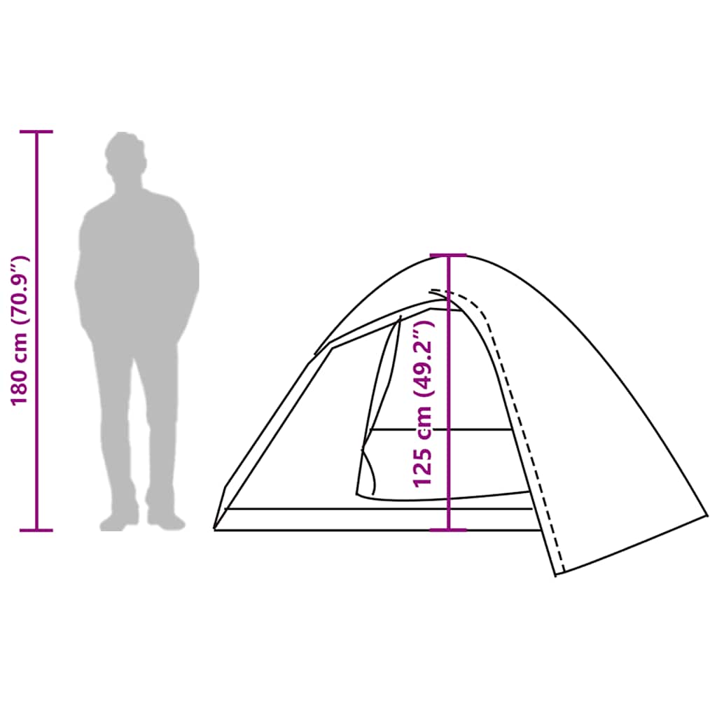 Zijaanzicht van de vidaXL koepeltent met afmetingen en hoogteindicatie voor 3 personen.