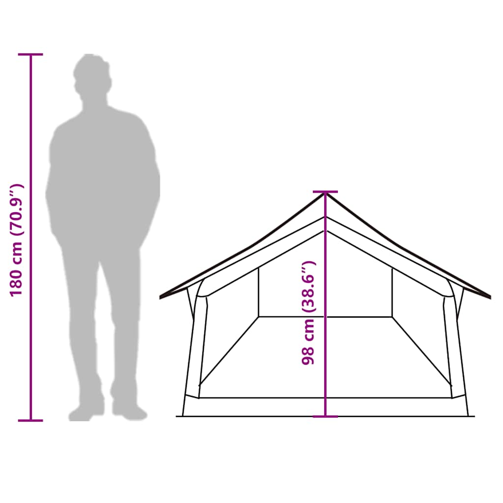 Detail van de tentafmetingen van de vidaXL 2-persoons waterdicht olijfgroen tent.