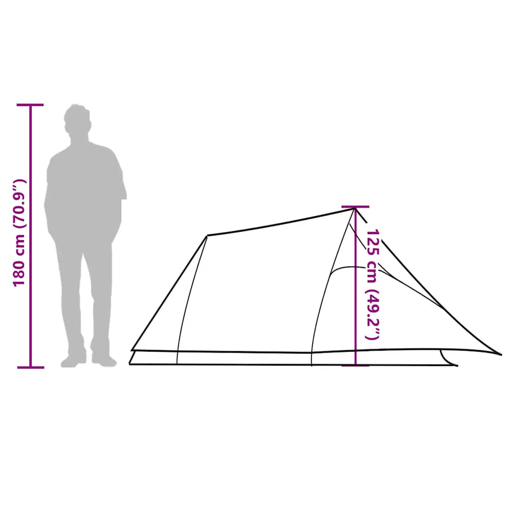 Zijaanzicht van de vidaXL 3-persoons tunneltent met afmetingen en silhouet van een persoon.