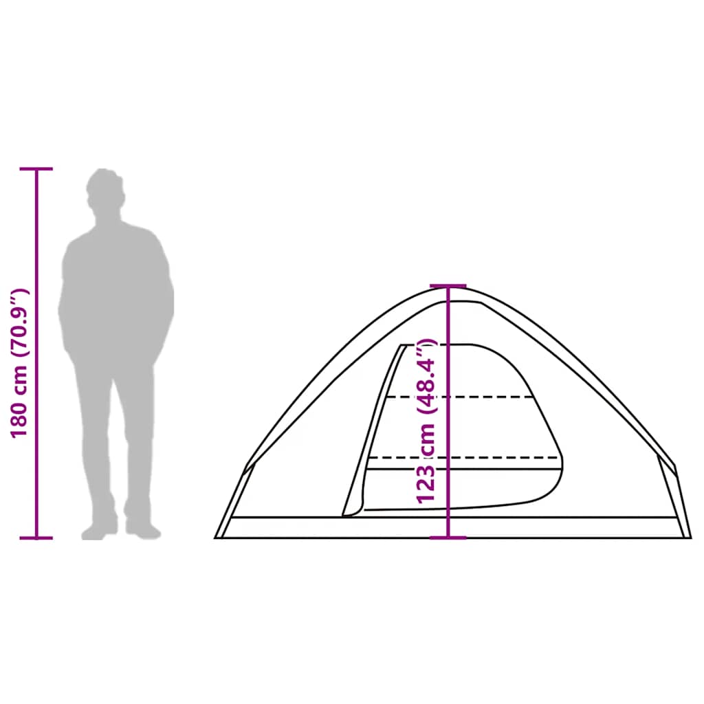 Zijaanzicht van de vidaXL koepeltent met afmetingen en silhouet van een persoon.