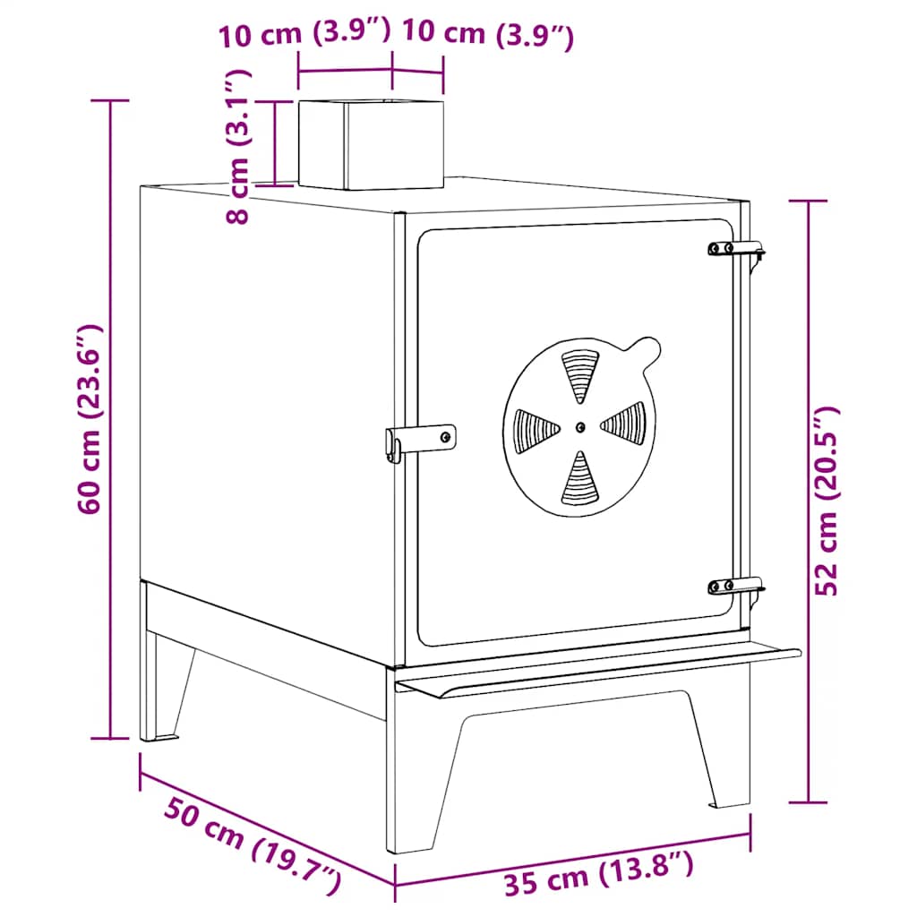 Detailweergave van de vidaXL campingkachel met afmetingen en ventilatierooster.
