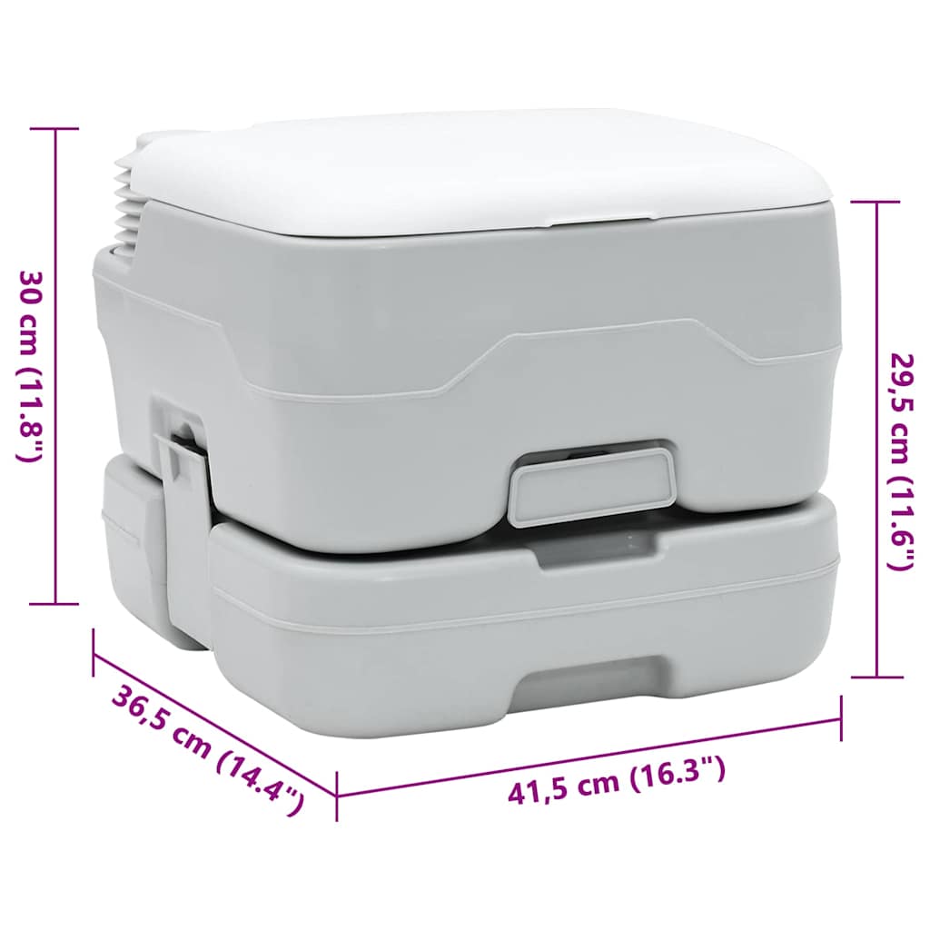 Detail van het vidaXL Camping Toilet in grijs en wit, met afmetingen en designkenmerken.
