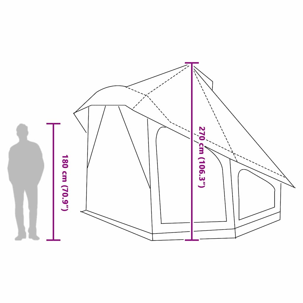 Detail van de vidaXL Tipi Tent met afmetingen en zijaanzicht van het ontwerp.
