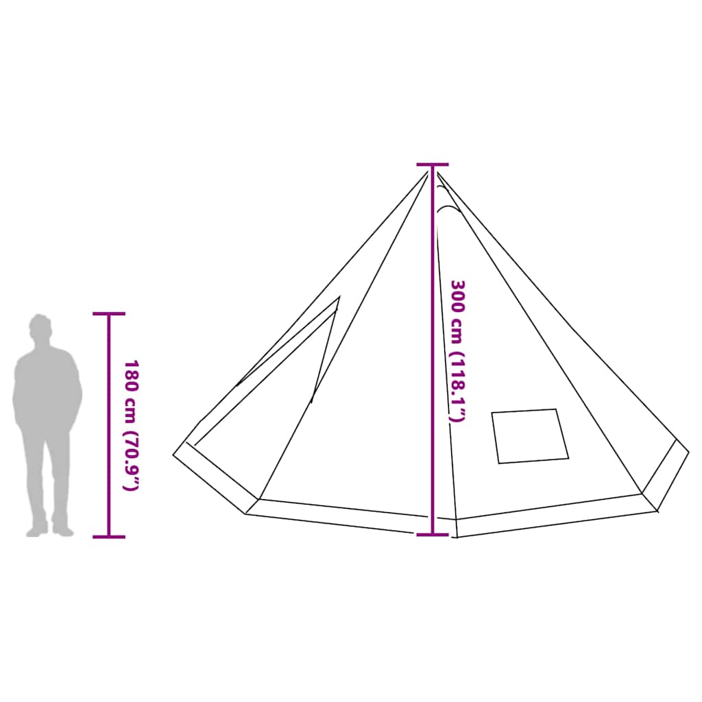 Detail van de vidaXL Tipi Tent met afmetingen en zijaanzicht van de tent.