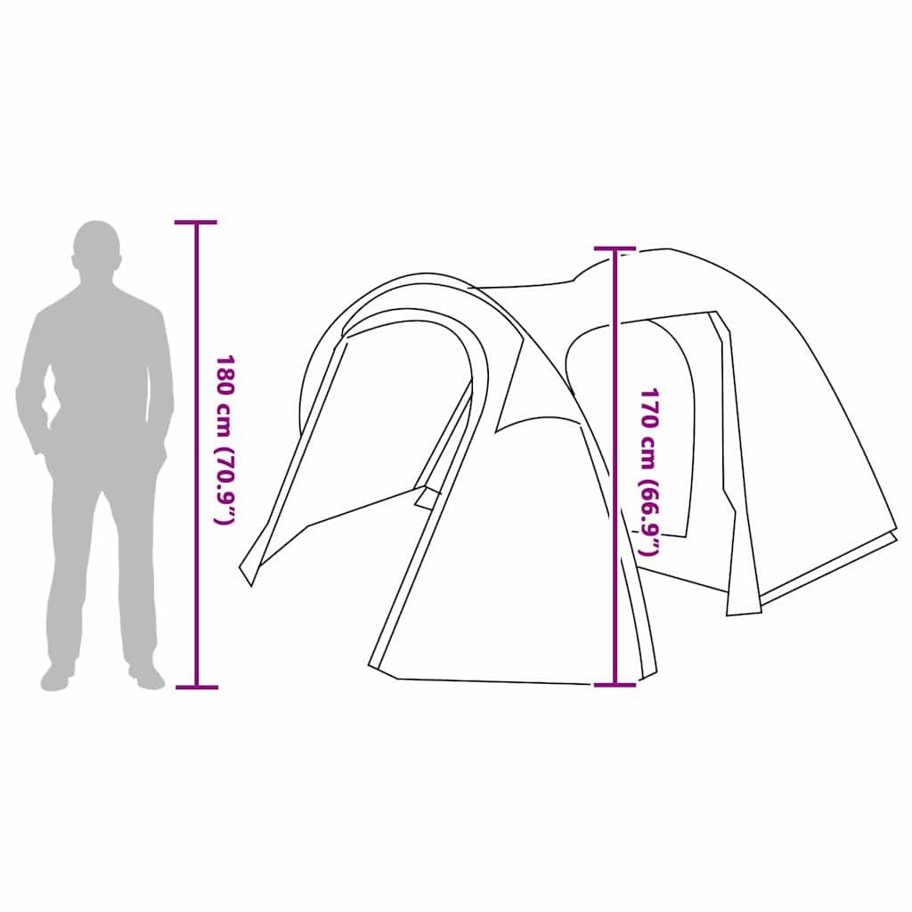 Zijaanzicht van de vidaXL Koepeltent met afmetingen en hoogteindicatie.