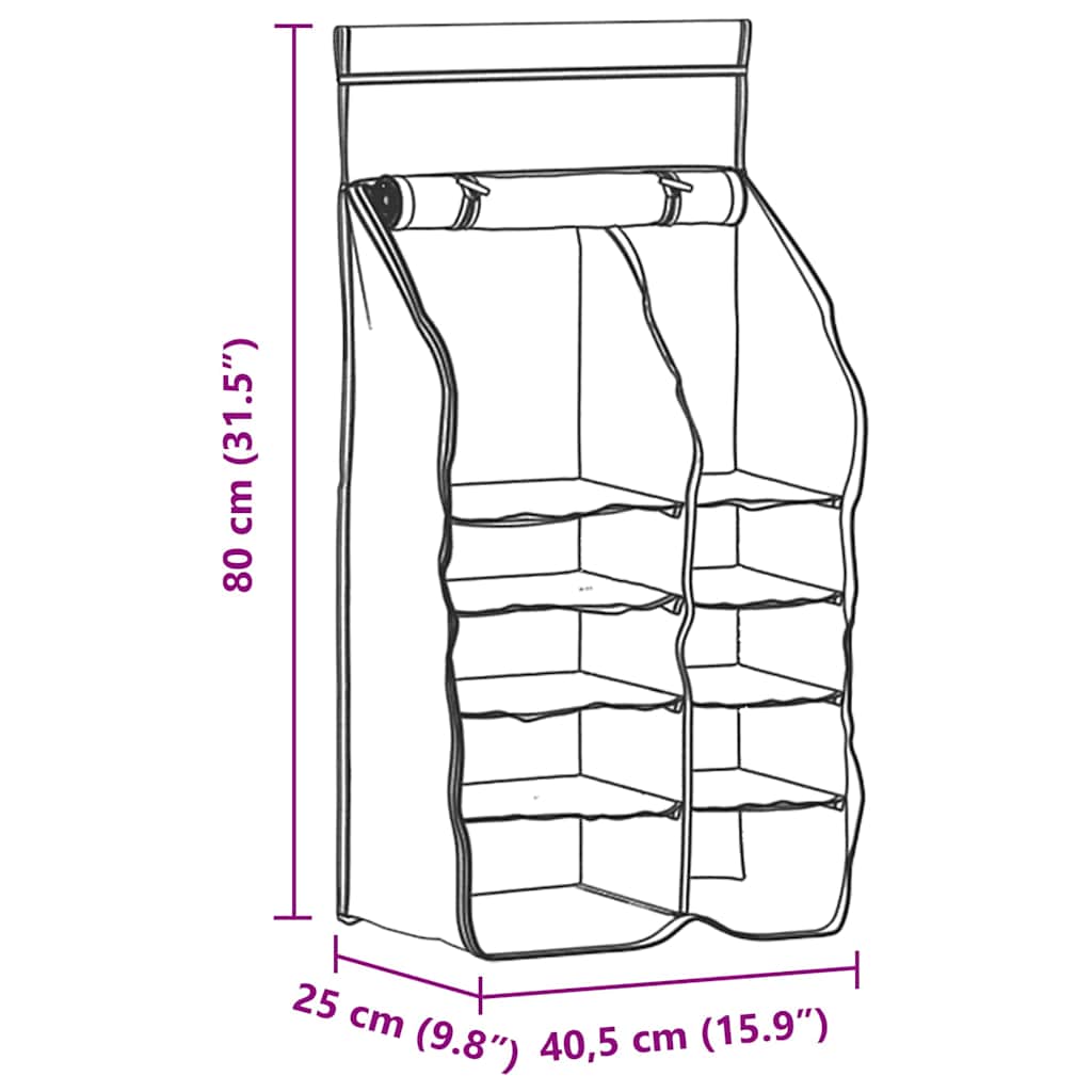 Detail van de vidaXL Hangende Tent Organizer met 10 vakken, zijaanzicht en afmetingen.