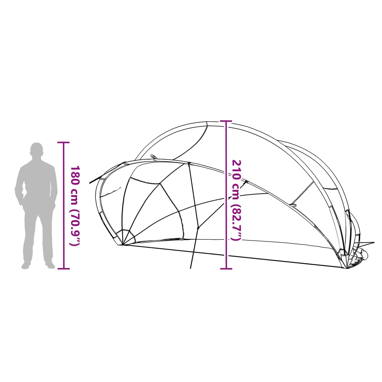 Zijaanzicht van de vidaXL Pooldome met afmetingen en structuurdetails.