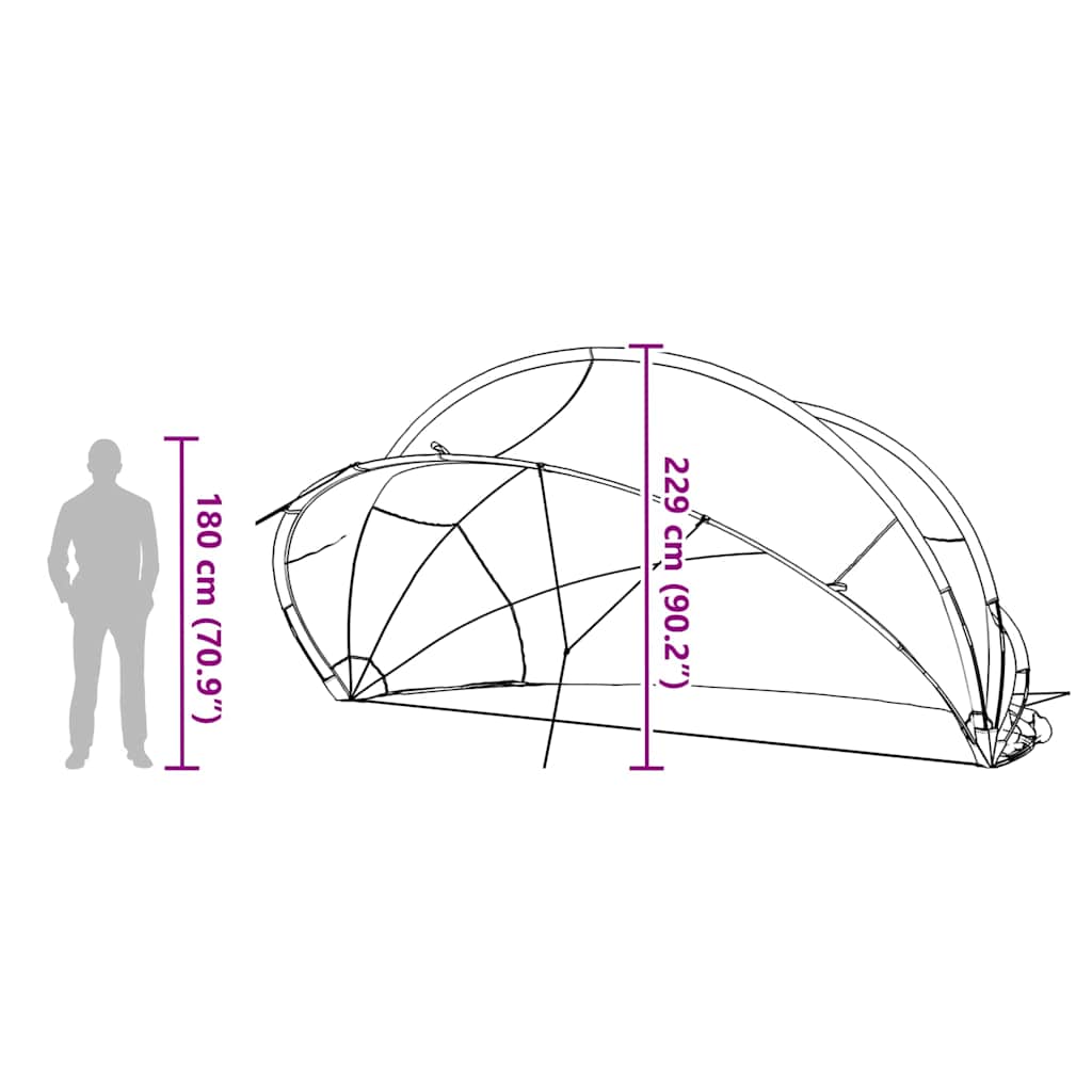Zijaanzicht van de vidaXL Pooldome met afmetingen en opbouwdetails.