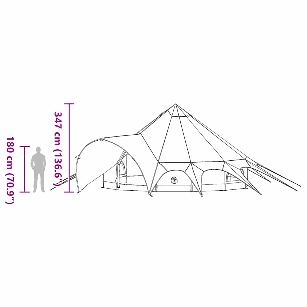 Zijaanzicht van de vidaXL Teepee Tent met afmetingen en details over de structuur.