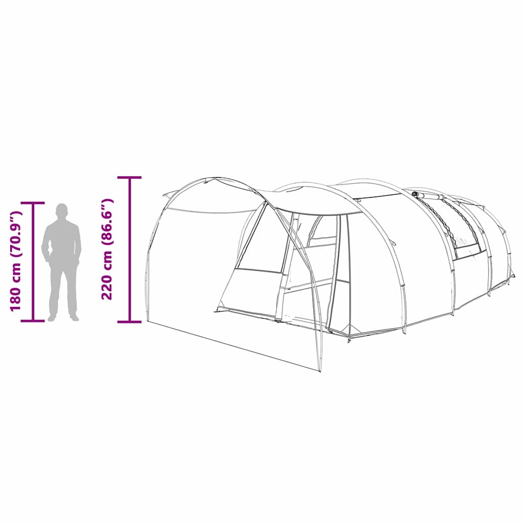 Zijaanzicht van de vidaXL Tunnel Tent 4-Person met afmetingen en hoogte-informatie.