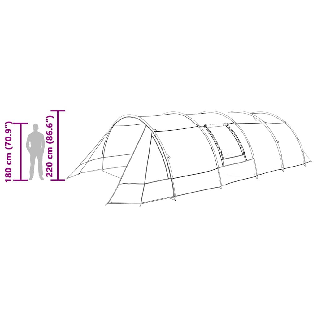Zijaanzicht van de vidaXL Tunnel Tent met afmetingen en hoogte-informatie.